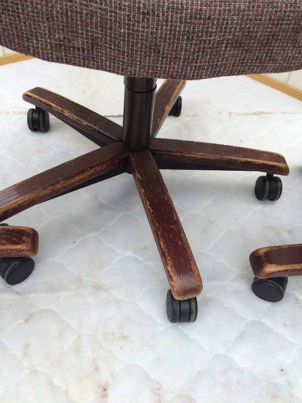 3 Retro Matching Sturdy Fabric Wood Frame Rolling Casters Office Secretary Task Chairs - Chairs are sturdy but have wear on wood & fabric due to age - no holes or tears
