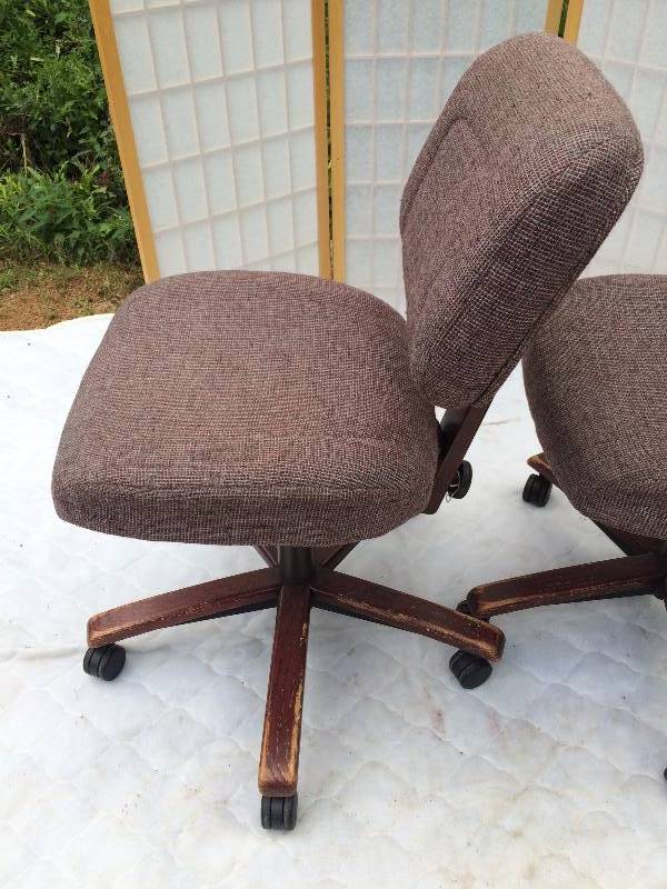3 Retro Matching Sturdy Fabric Wood Frame Rolling Casters Office Secretary Task Chairs - Chairs are sturdy but have wear on wood & fabric due to age - no holes or tears