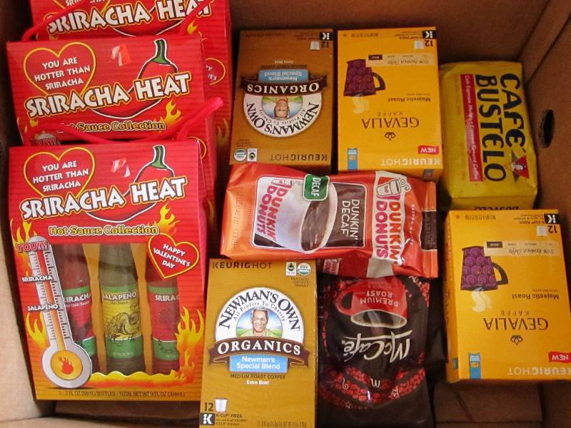 lot 53 image: Box of coffee, taea and hot sauce...