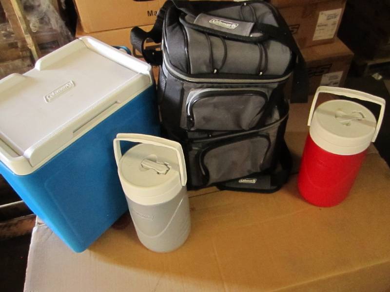 lot 105 image: Lot of 5 coolers, 1 party stacker, ...