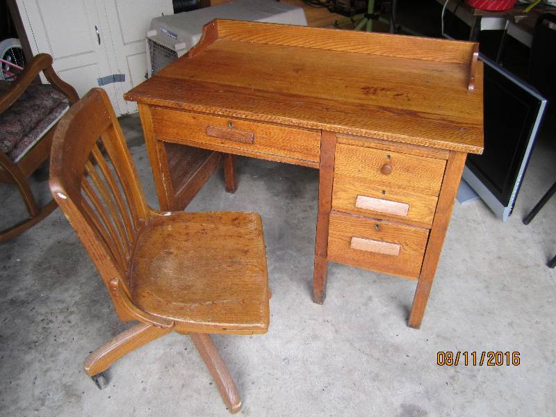 lot 34 image: Antique wood desk with chair, 42 x ...