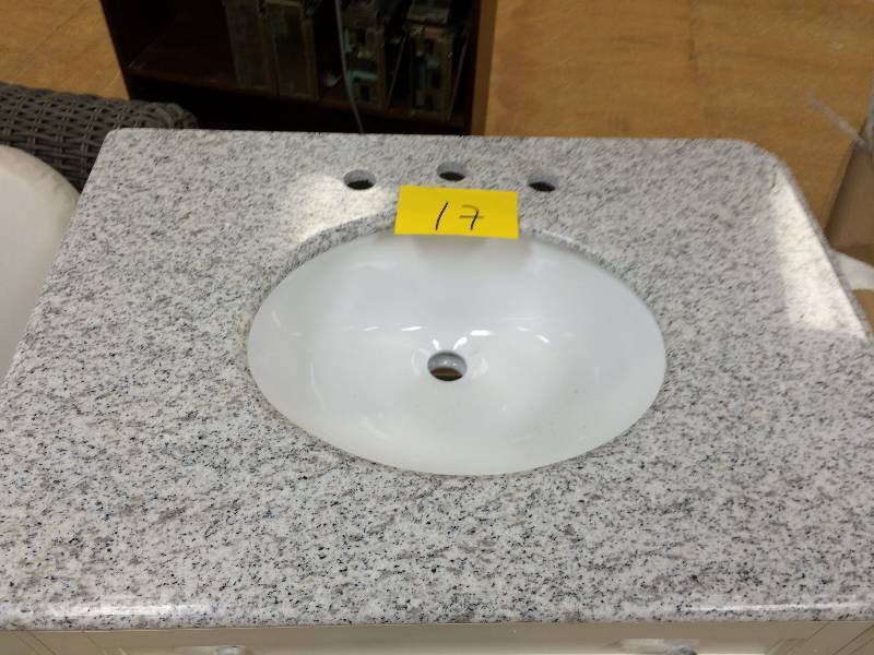lot 17 image: White Vanity with granite top and white bowl