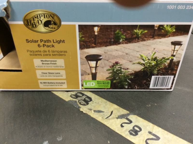lot 45 image: Hampton Bay Outdoor Solar Powered Landscape LED Mediterranean Bronze Clear Glass Lens Stake Path Light (6-Pack)