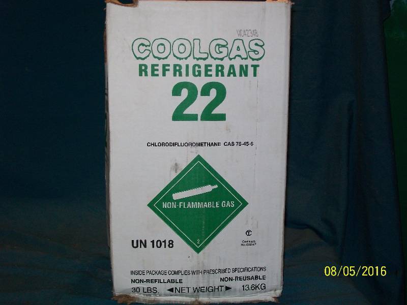 lot 6 image: CoolGas Refrigerant R22 30lbs. net wtChlorodifluoromethane. Only Section 608 Certified Tech can BID.