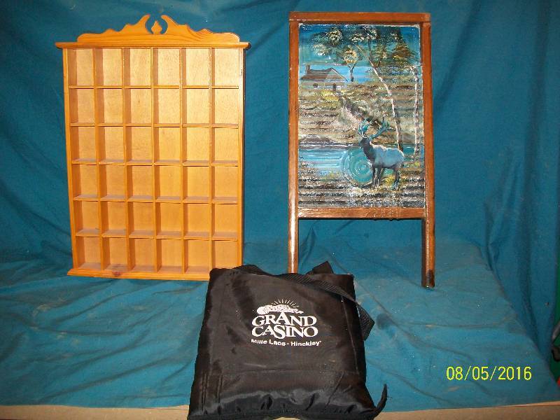 lot 33 image: 3 Items36 Shot Glass Wooden Display Case Painted Washboard Unsigned Grand Casino Stadium Blanket.