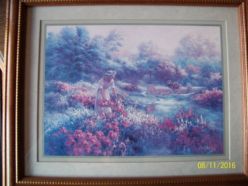 lot 22 image: Wall Art Woman Picking Flowers Signed By Lee K. Parkinson 1990.