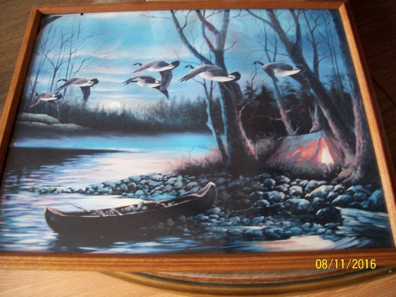 lot 24 image: Wall Art Geese Landing at Dusk near lighted Tent.
