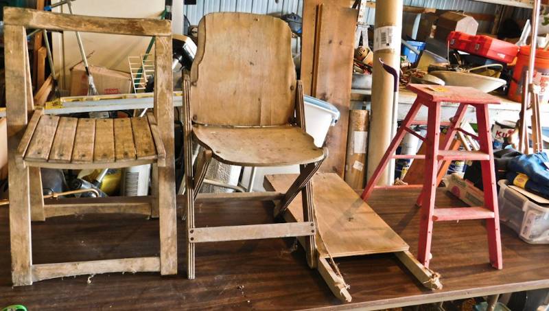 4 wooden items chairs, sled and ladder