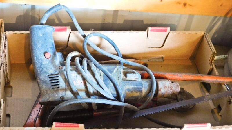 drill, boltcutter, saw and filet knife 