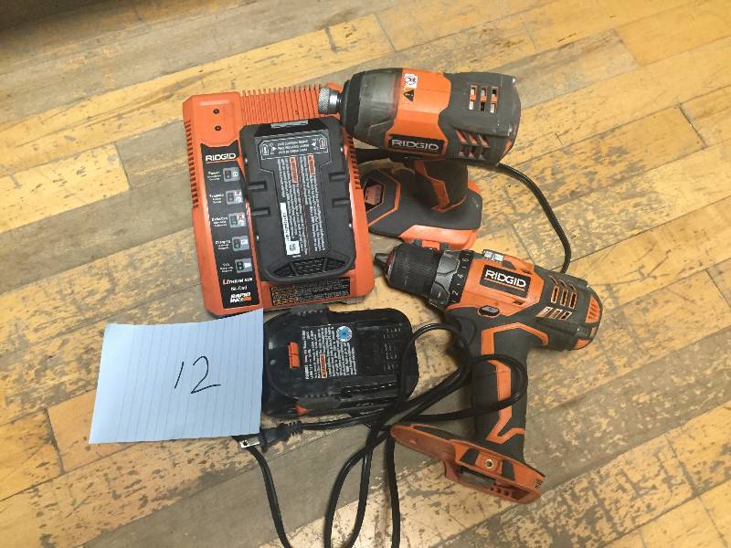 lot 12 image: Ridgid 12-Volt Hyper Lithium-Ion DrillDriver and Impact Driver Combo Kit used inworking condition
