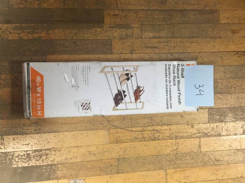 lot 34 image: HDX 3 Shelf Natural Wood Finish Shoe Rack New