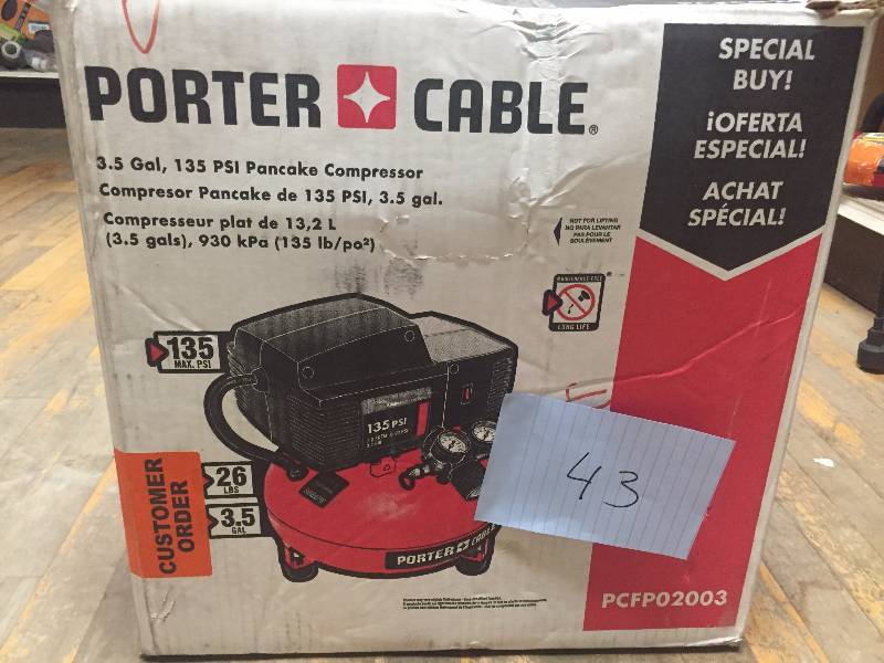 lot 43 image: Porter Cable 3.5 Gal Pancake Compressor in like new condition