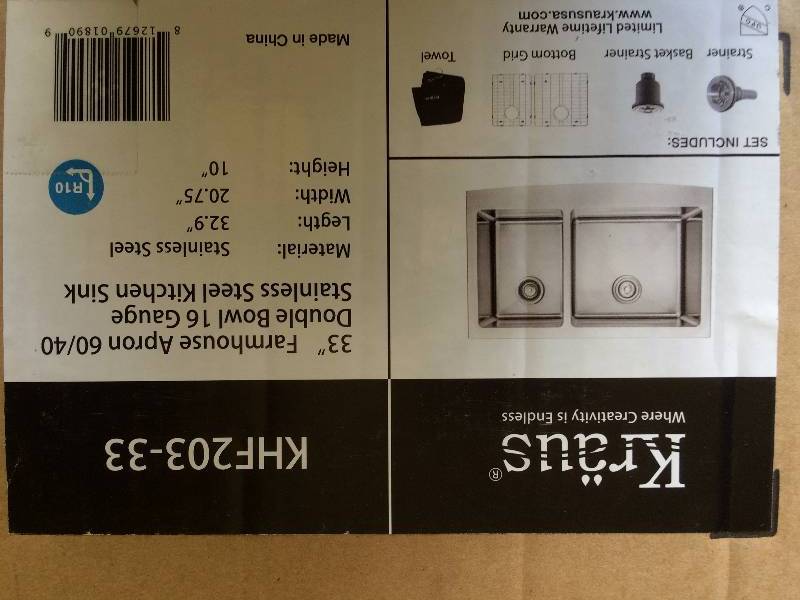 lot 121 image: Kraus KHF203-33 Double Basin Farmhouse Kitchen Sink New