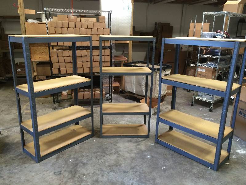 lot 8 image: 3 Metal Shelving Racks with Wooden Shelves