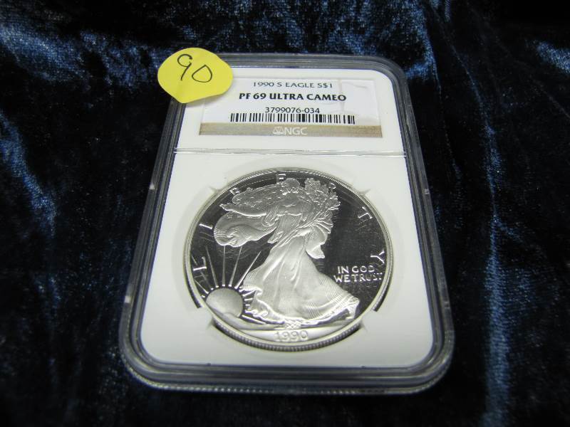 1990 PF 69 ULTRA CAMEO  AMERICAN SILVER EAGLE 1 TROY OZ. .999 FINE SILVER IN AIR TIGHT HOLDER