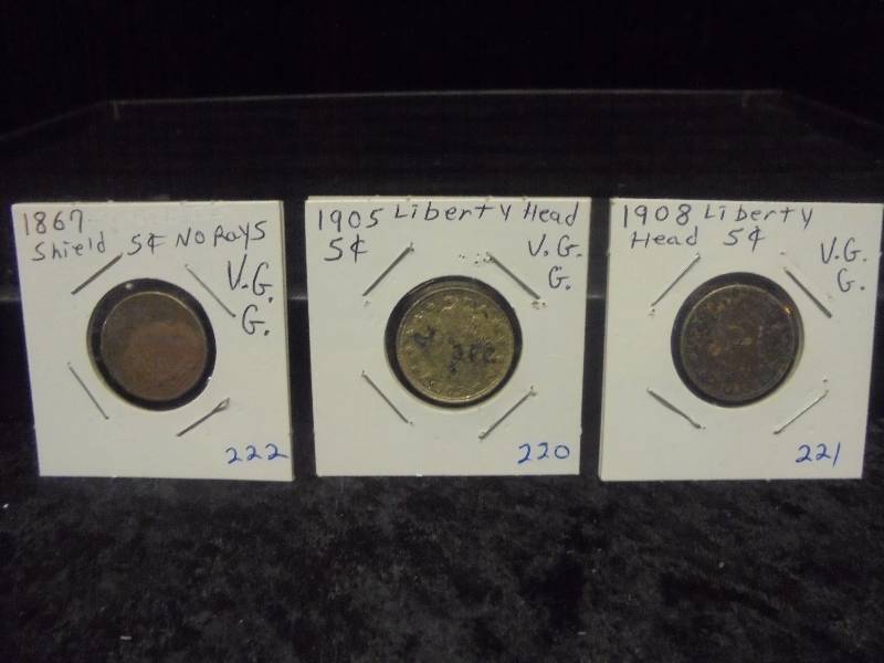 Lot - 1905 & 1908 Libert Head 1867 Shield Nickels