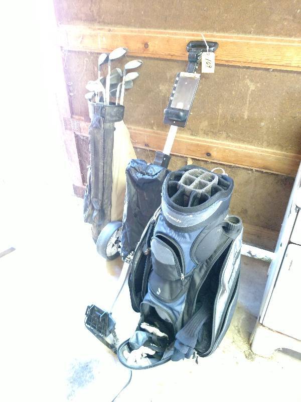 Golf Clubs, Golf Cart, & (2) Golf B...
