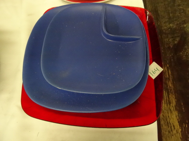 lot 164 image: 1 Plastic and 3 Blue Ceramic Plates