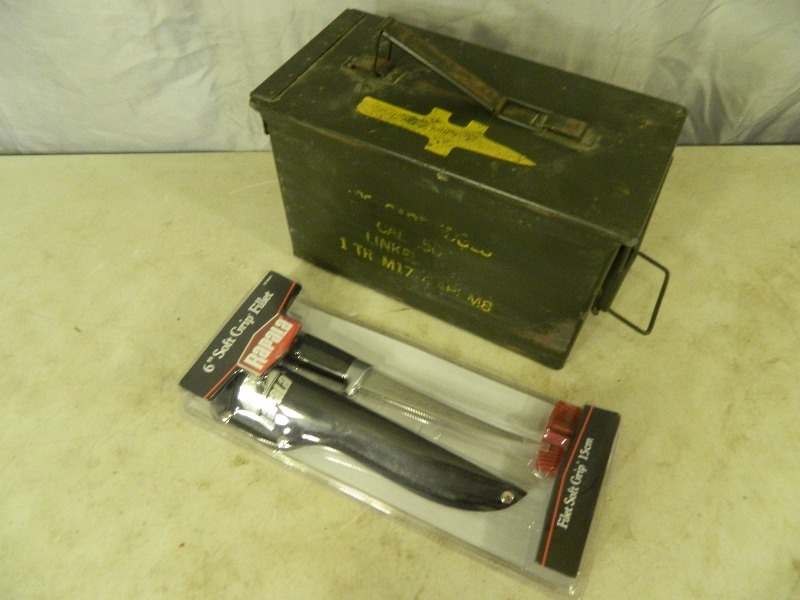 lot 60 image: Metal Ammo Can and New Filet Knife