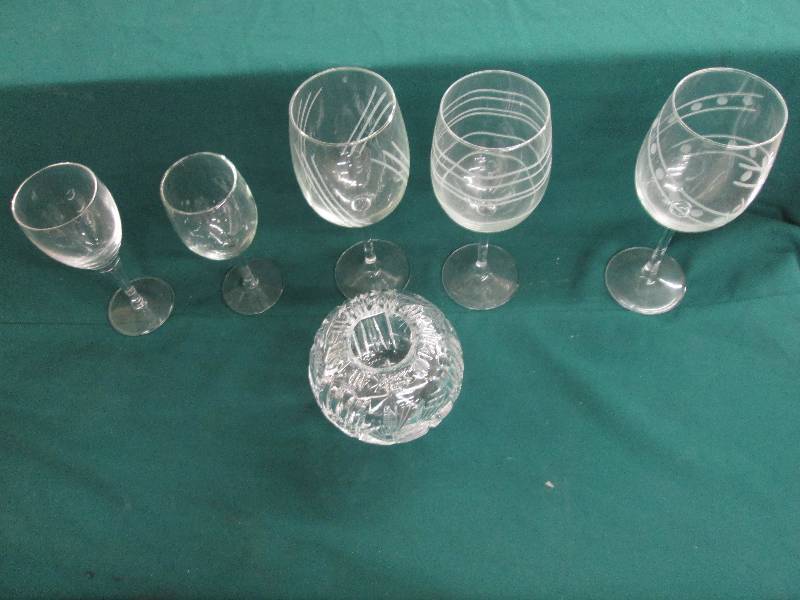 5 assorted goblets, cut glass vases...