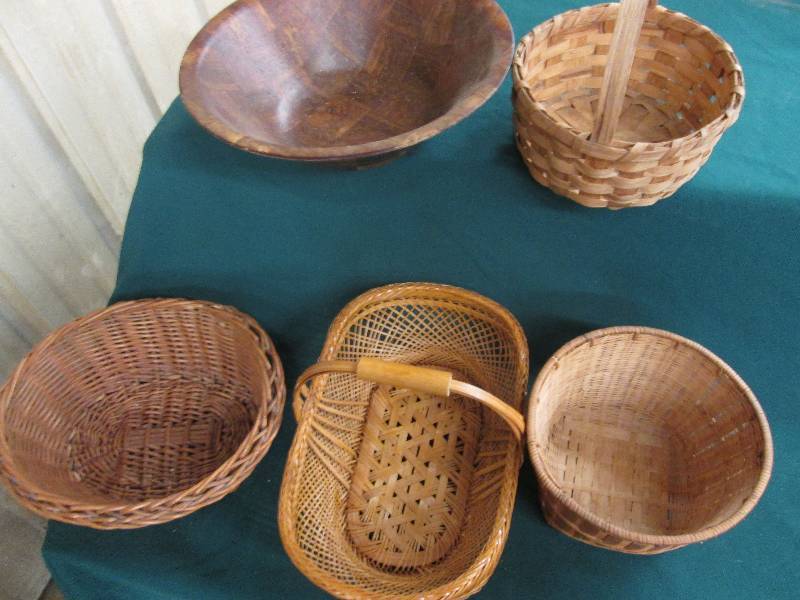4 Assorted Wicker Baskets, 1 Wooden...