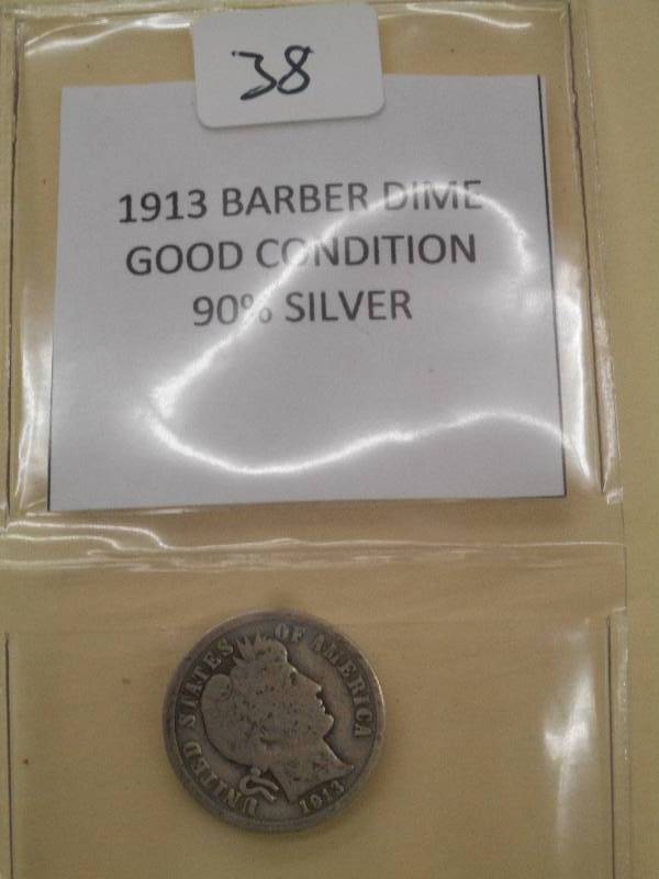 1913 Barber Dime, Good Condition, 9...
