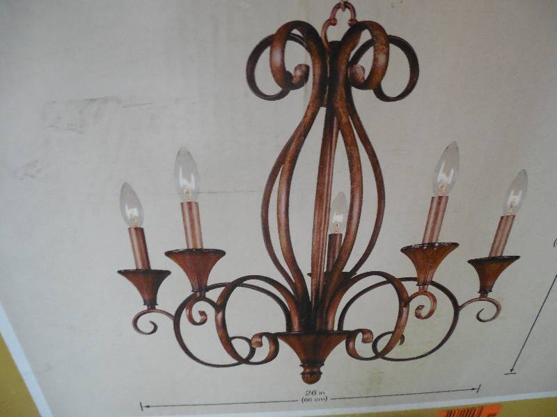 lot 85 image: NEW Hampton Bay Chester 5-Light Aruba Teak Chandelier 937379