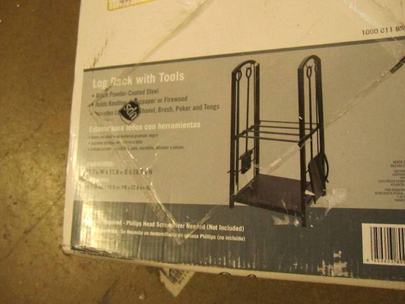 lot 75 image: Log rack with tools for fireplace ...