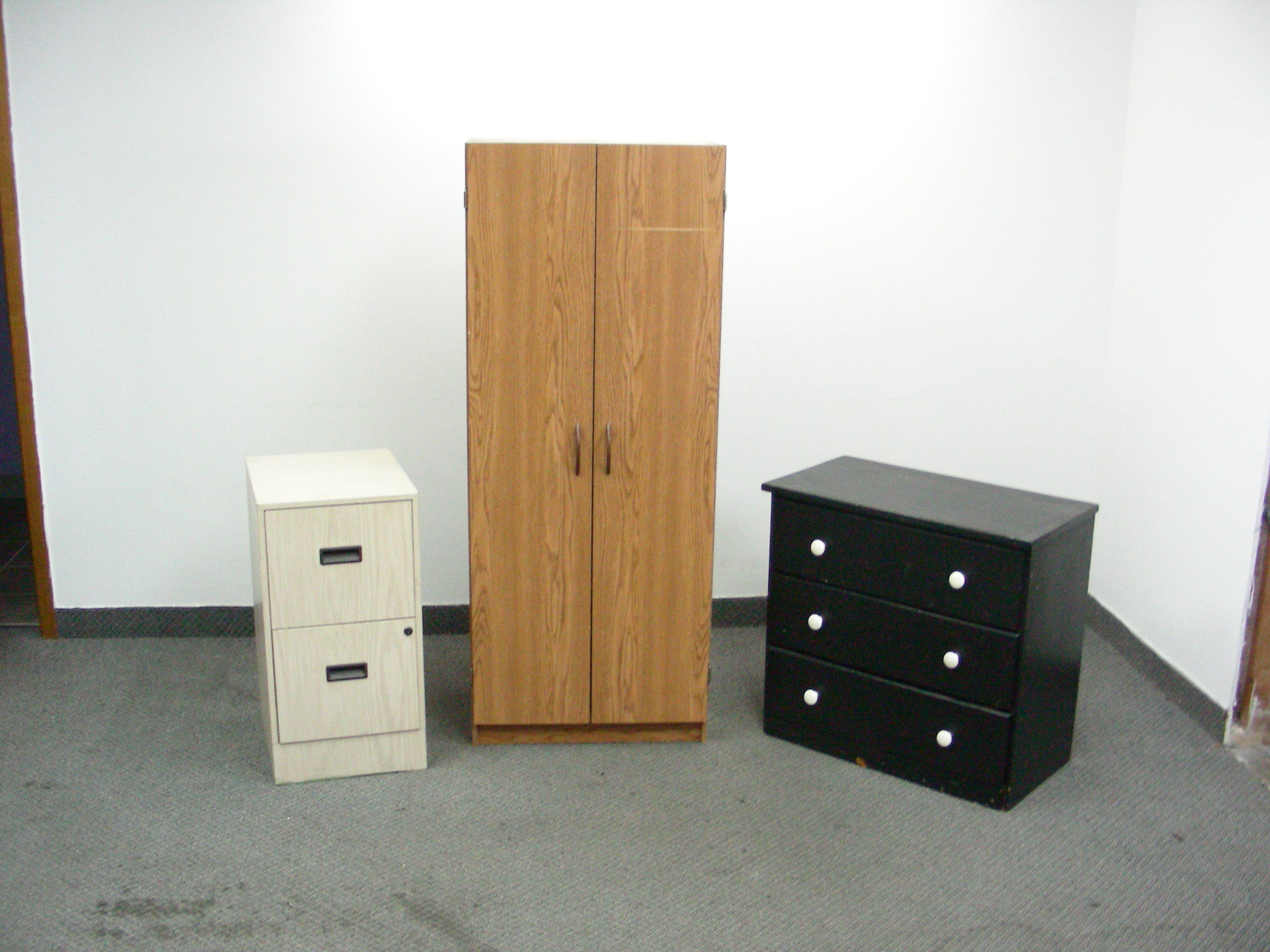 Storage Cabinet, Small Wood Dresser, and Metal File Cabinet