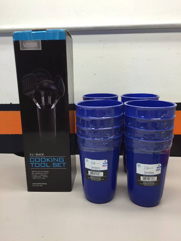 lot 2 image: 12 PLATES, 16 PLASTIC GLASSES, 5 PIECE COOKING SET, 7 COFFEE CUPS, 6 PACKS SCOURING PADS DUPONT, VISTA PITCHER