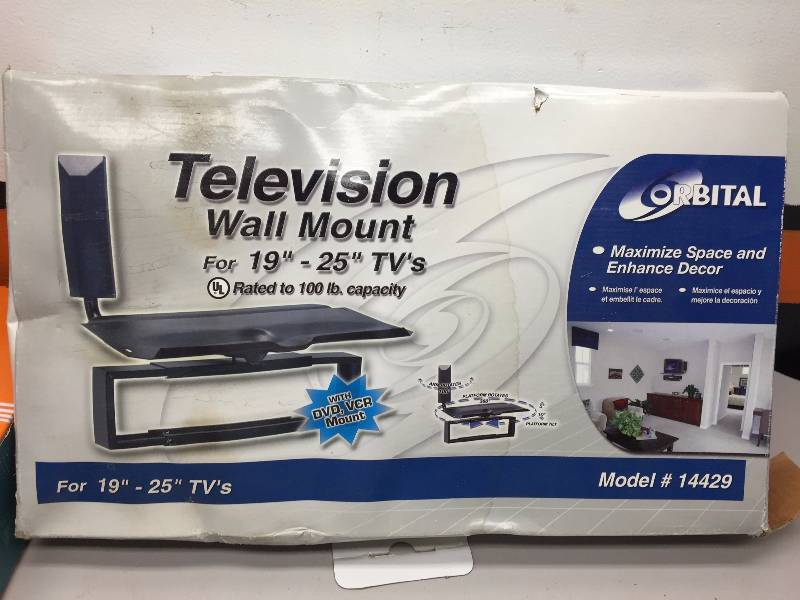 lot 38 image: TV WALL MOUNT 19 TO 25 100 LBS, CAP MINI BLIND 29 WIDE X 64 LONG (WOOD GRAINED), FOLD-ABLE CLOTHES DRYING RACK