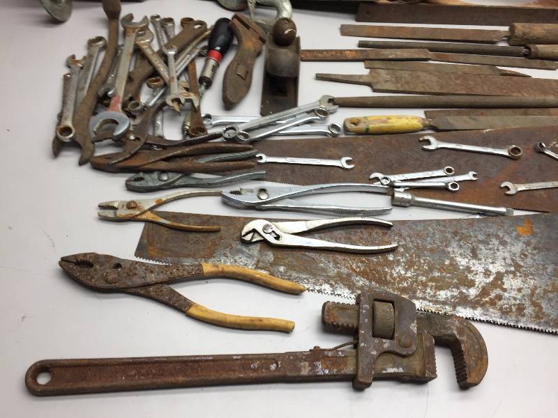 lot 62 image: ASSORTED TOOLS, SAWS, FILES, WRENCHES, PLIERS, COME-ALONG, PIPE WRENCH