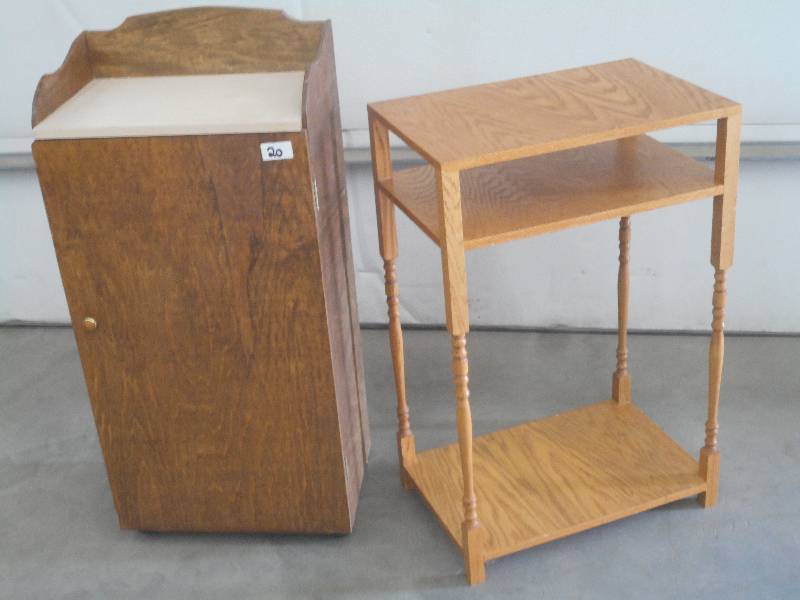 lot 20 image: (1) Vintage Wood Cabinet & (1) 3-Le...