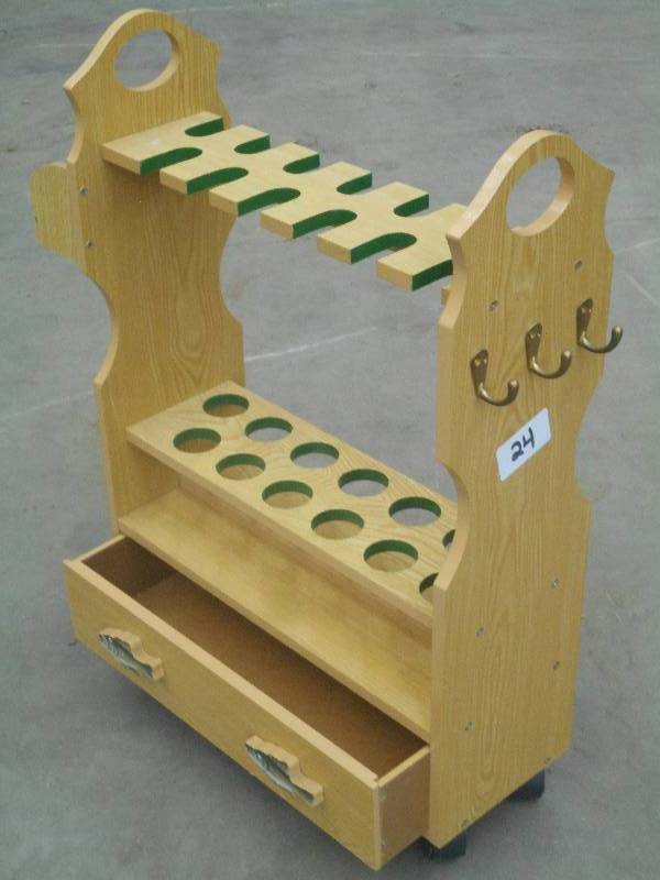 lot 24 image: Rolling 12-Place Wooden Fishing Rod...