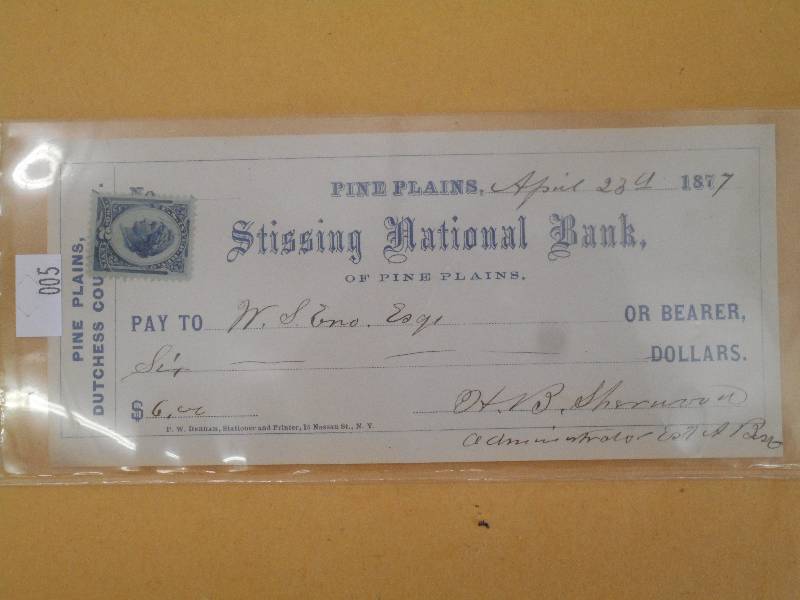 1877 Antique Cancelled Check, Stiss...