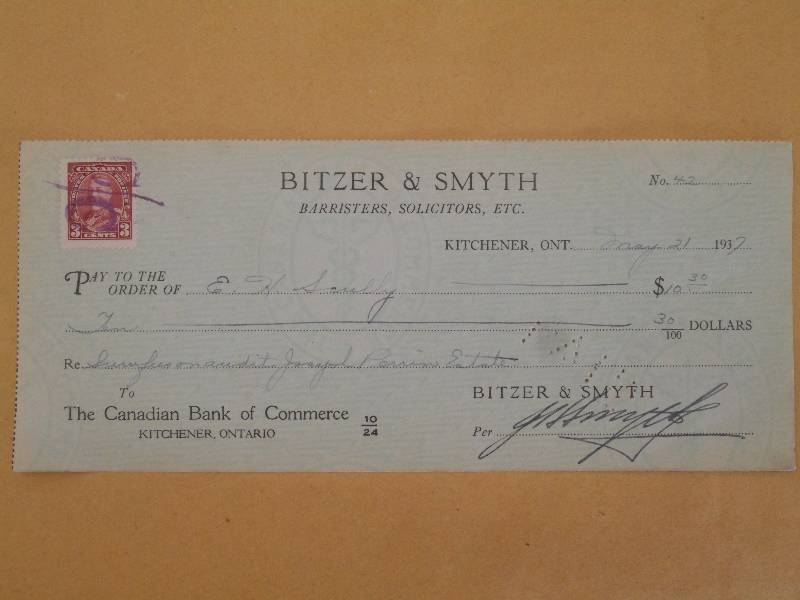 1937 Vintage Cancelled Check, Canad...