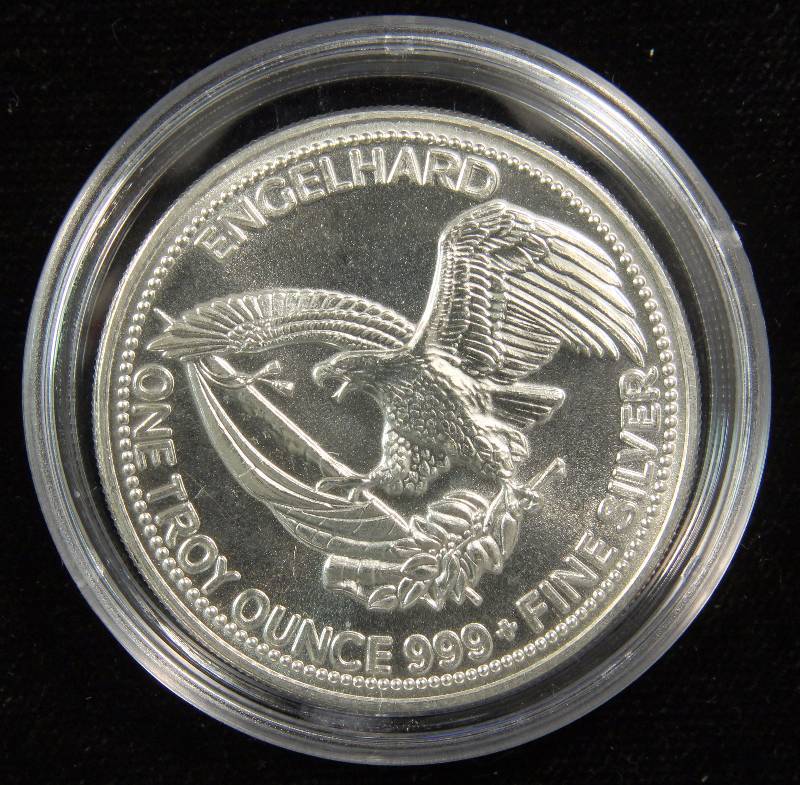 1 TROY OZ. .999 FINE SILVER ROUND 1986 ENGELHARD PROSPECTOR IN AIRTITE HOLDER