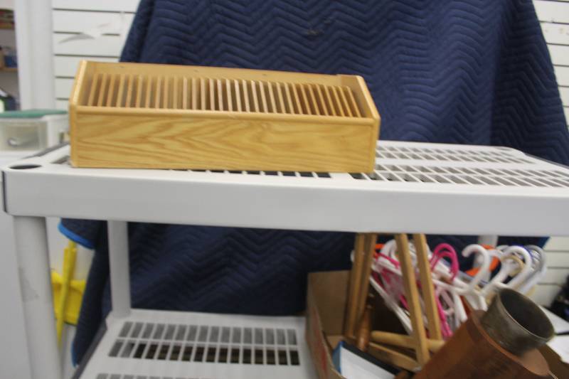lot 149 image: Lot Including Wood Organizer, Teak Cup Holder, Plastic Hangars