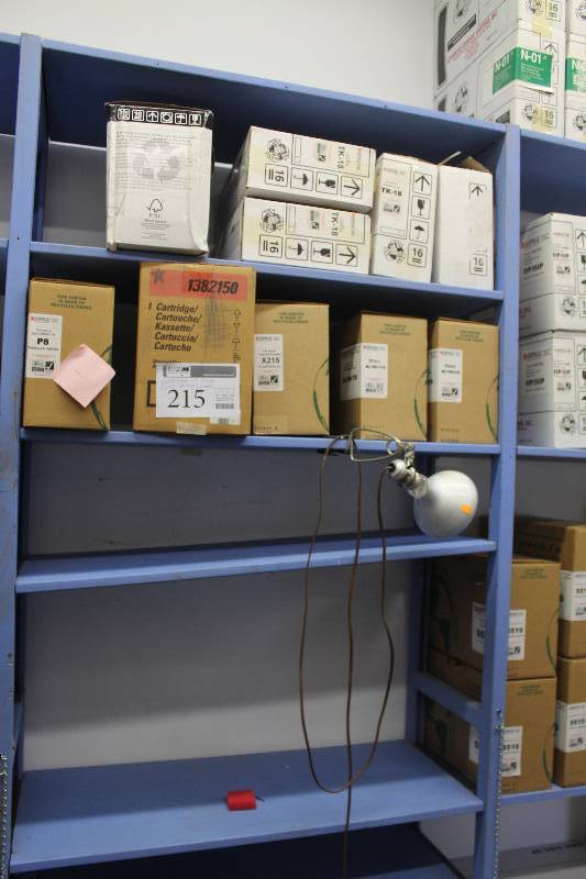lot 215 image: Contents of Rack, Laser Printer Cartridges Including Panasonic 755, Panasonic 744788UF-585, Samsung 472545003450, Xerox 3450555575, Ricoh 1175, Sharp AL-1000 Lexmark E-321X215