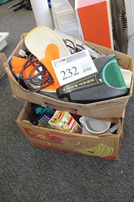 lot 232 image: Lot of (2) Boxes Including Tools, Sporting Equipment, Household, And More