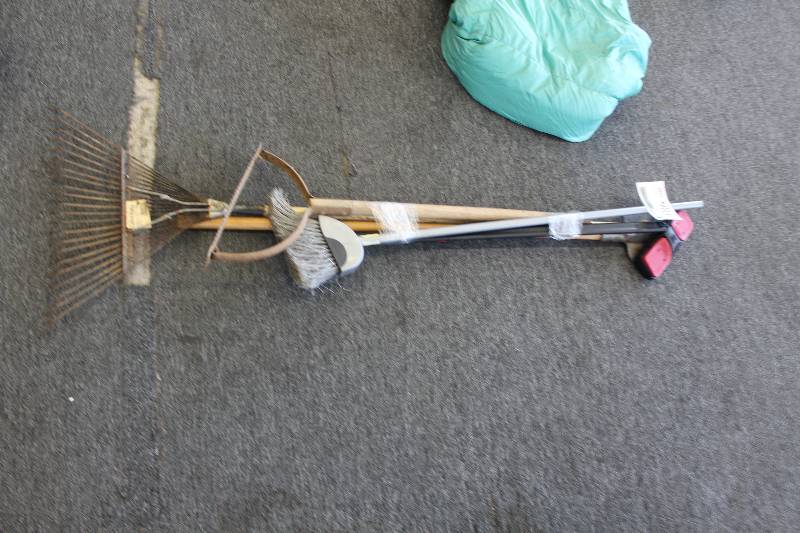 lot 186 image: Lot of Yard Tools Including Broom, Rake, And More