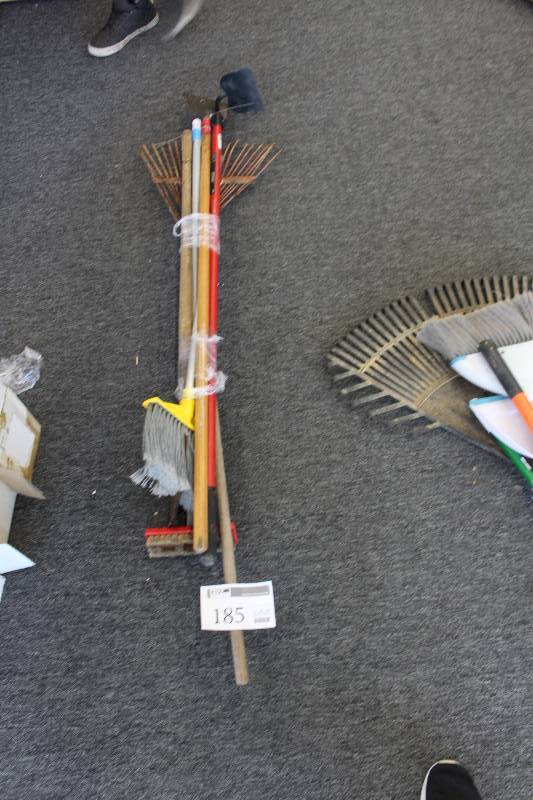 lot 185 image: Lot of Yard Tools Including Broom, Rake, And More