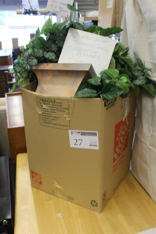 lot 27 image: Lot of (5) Wall Mount Custom Made Decorative Planters w Silk Plants