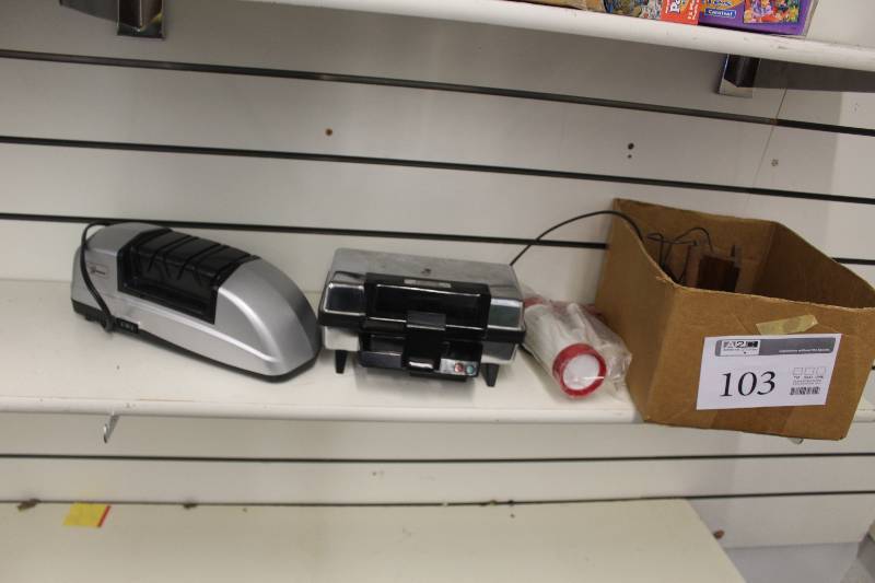 lot 103 image: Lot of Appliances Including Savoureux Knife Sharpener, Equity Sandwichcrafter, Pump