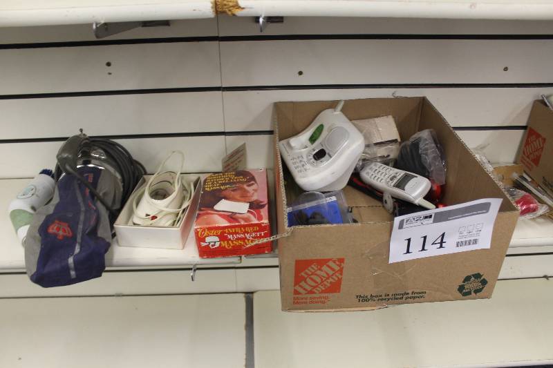 lot 114 image: Lot Including Vacuum, Phone w Charger Base, Massager, And More