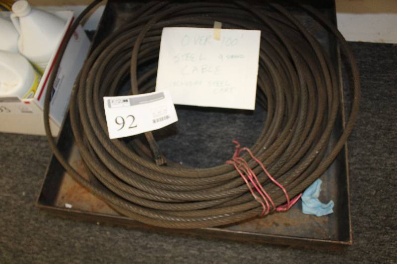 lot 92 image: Lot of Approximately 100 9-Strand Steel Cable w Steel Cart