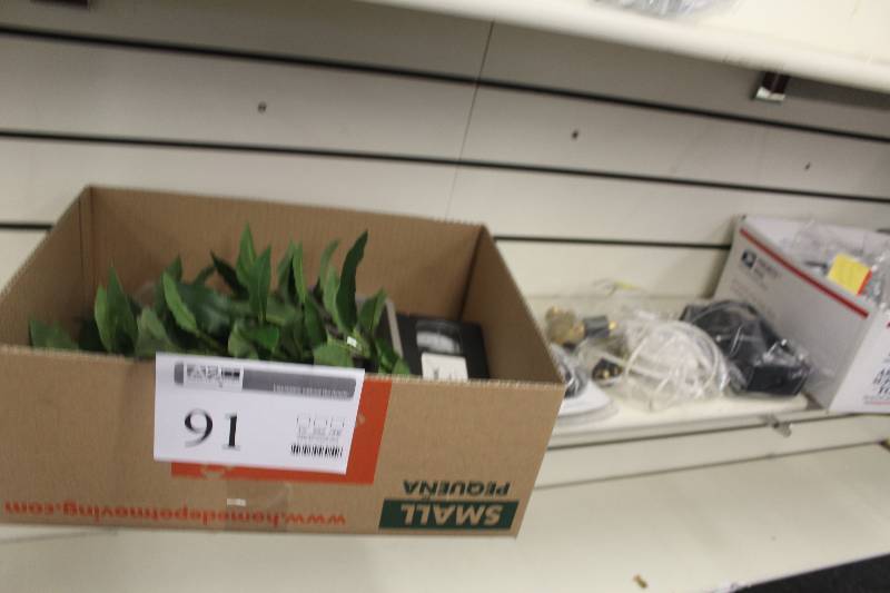 lot 91 image: Lot Including Fake Plants, iScan FM Radio, Flood Sensor, 90W Power Supply For Laptops, And More