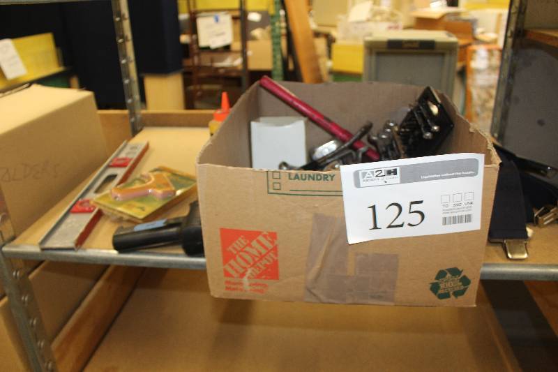 lot 125 image: Lot of Tools Including Level, Glue Gun, Glue, Heat Gun, Wrenches, And More