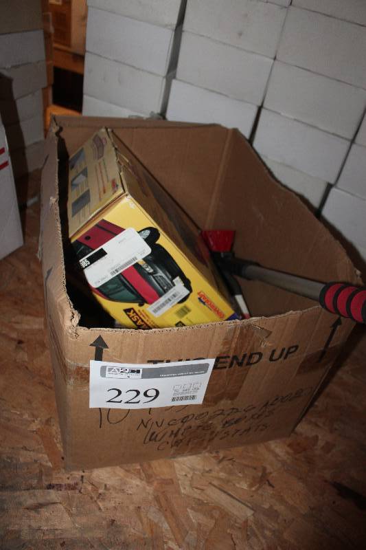 lot 229 image: Box Lot of Automotive Parts Including Ice Scraper, Covercraft Chevrolet Corvette Front Mask MM42405, Diehard Gold V Ribbed Belts 600K6