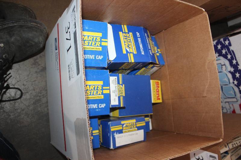 lot 371 image: Lot of (Approximately 20) Parts Master Fuel Cap, Radiator Cap, Thermostat New In Box Includes 46025, 46528